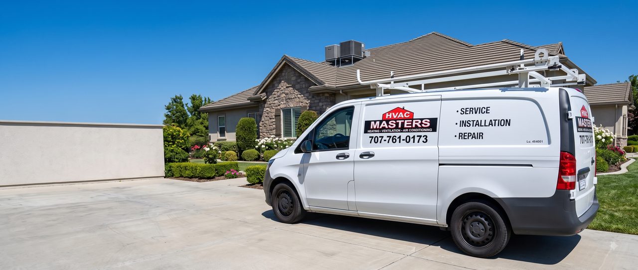HVAC Masters service van parked in front of a home in the Bay Area